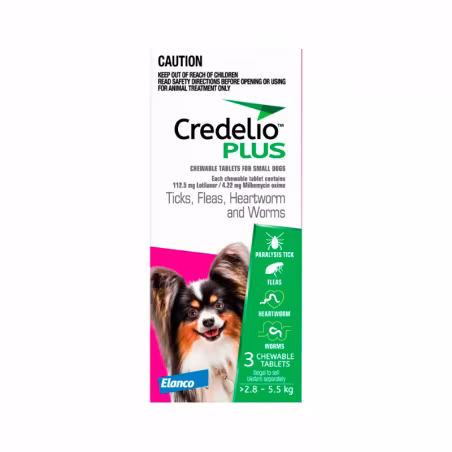 Credelio PLUS 112.5mg 2.8-5.5kg 3tb Roz Comprimat masticabil pentru utilizare la câini cu sau expuși riscului de infestări