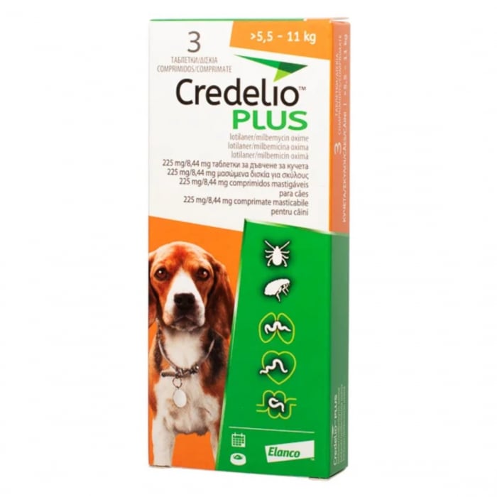 Credelio Plus 225 mg caini (5.5 - 11 kg) - 3 tablete Comprimat masticabil pentru utilizare la câini cu sau expuși riscului de infestări