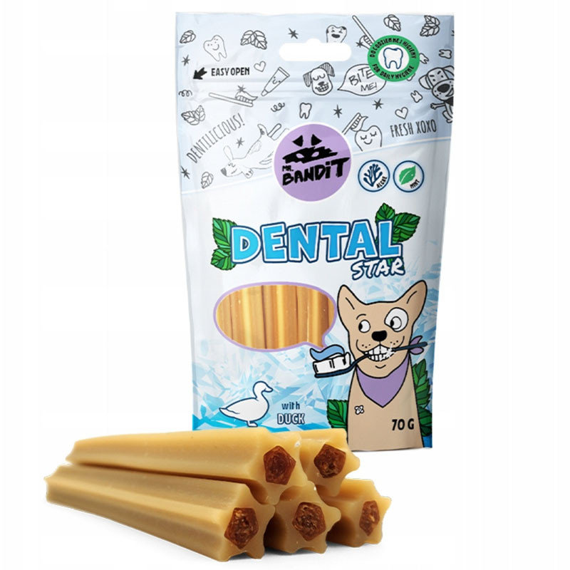 Mr Bandit DENTAL STARS- Beef Recompensa gustoasa, cu rol de curatare dentara. Forma- baton stelat cu aroma de vita Structura flexibilă a gustarilor Mr. Bandit Dental asigură o curățare mai eficientă și o plăcere mai lungă - Plic