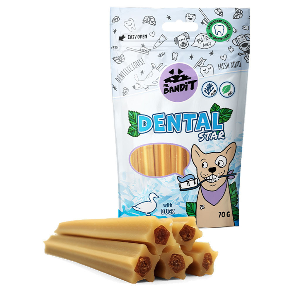 Mr Bandit DENTAL STARS- Duck Recompensa gustoasa, cu rol de curatare dentara. Forma- baton stelat cu aroma de rata Structura flexibilă a gustarilor Mr. Bandit Dental asigură o curățare mai eficientă și o plăcere mai lungă - Plic