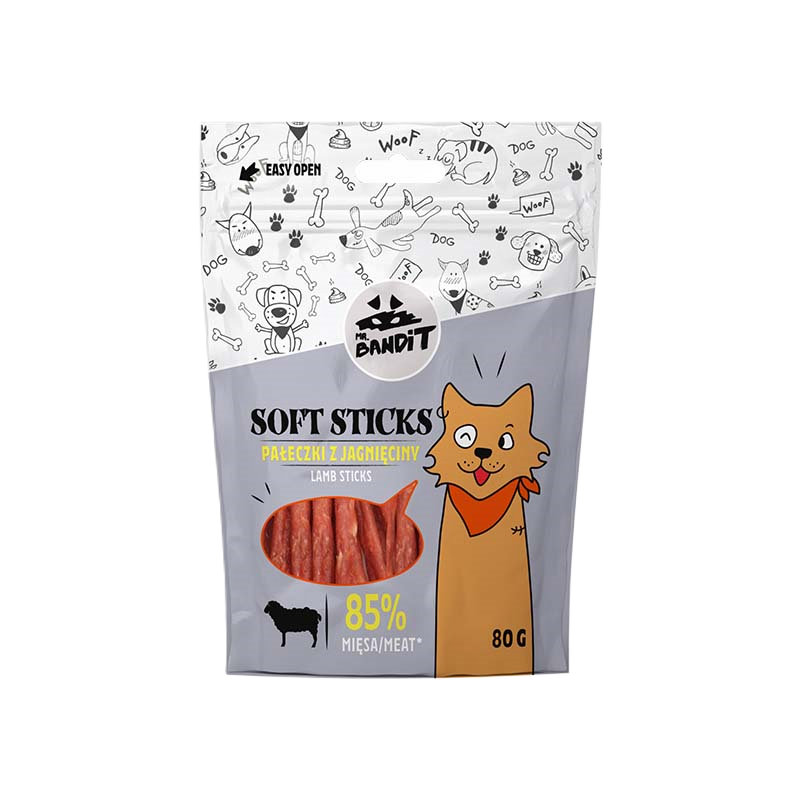 SOFT STICKS Compoziție: miel 55% sau vita, carne de pui 30,3%, proteine de arahide 7%, amidon de porumb 4%, glicerină 3,5%. Constituenți analitici: proteină brută 28%, grăsime brută 1%, cenușă brută 4%, fibre brute 4%, umiditate 21%. -