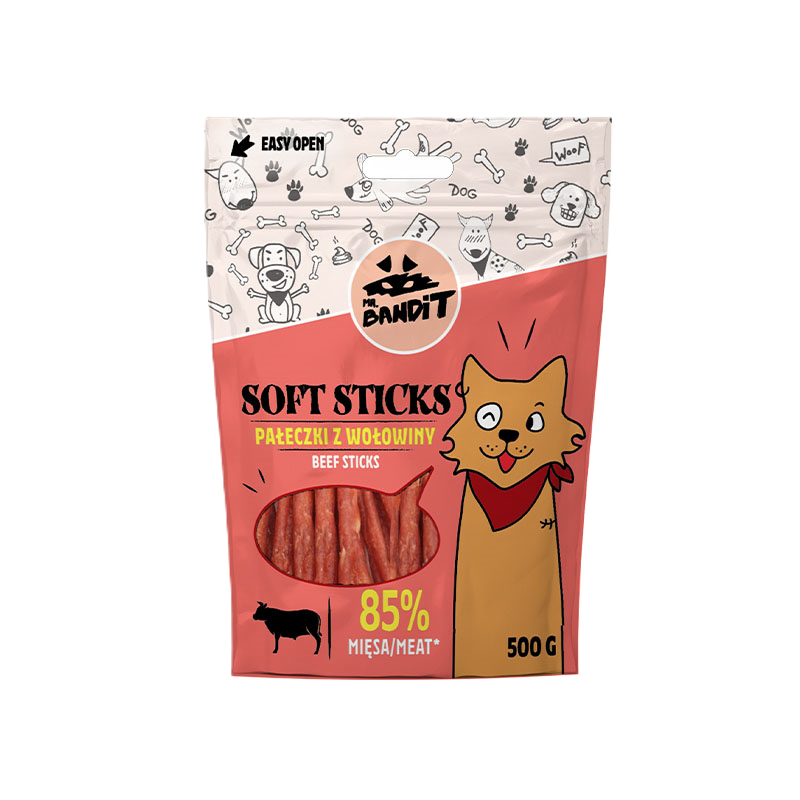 SOFT STICKS Compoziție: miel 55% sau vita, carne de pui 30,3%, proteine de arahide 7%, amidon de porumb 4%, glicerină 3,5%. Constituenți analitici: proteină brută 28%, grăsime brută 1%, cenușă brută 4%, fibre brute 4%, umiditate 21%. -